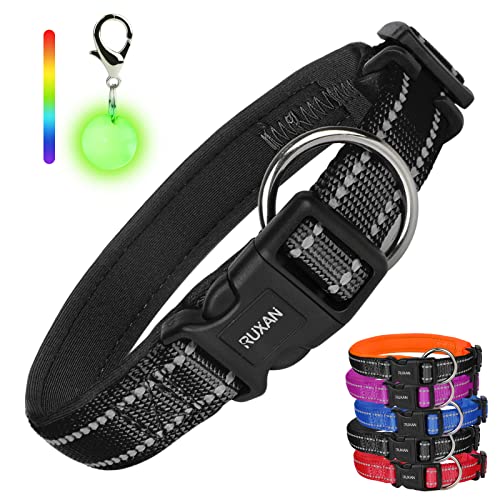 RUXAN Hundehalsband Weich Gepolstertes, Verstellbare Reflektierend Hunde Halsband, Atmungsaktiv Nylon Hundehalsband mit 1 LED Licht, for Kleine, Mittel, Große Hunde (L: 45-48cm, Black) von RUXAN