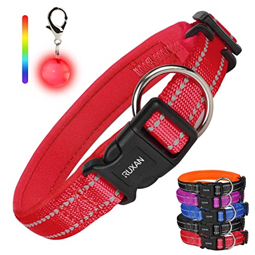 RUXAN Hundehalsband Weich Gepolstertes, Verstellbare Reflektierend Hunde Halsband, Atmungsaktiv Nylon Hundehalsband mit 1 LED Licht, for Kleine, Mittel, Große Hunde (L: 45-48cm, Red) von RUXAN