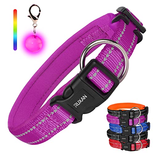 RUXAN Hundehalsband Weich Gepolstertes, Verstellbare Reflektierend Hunde Halsband, Atmungsaktiv Nylon Hundehalsband mit 1 LED Licht, for Kleine, Mittel, Große Hunde (M: 40-45cm, Purple) von RUXAN