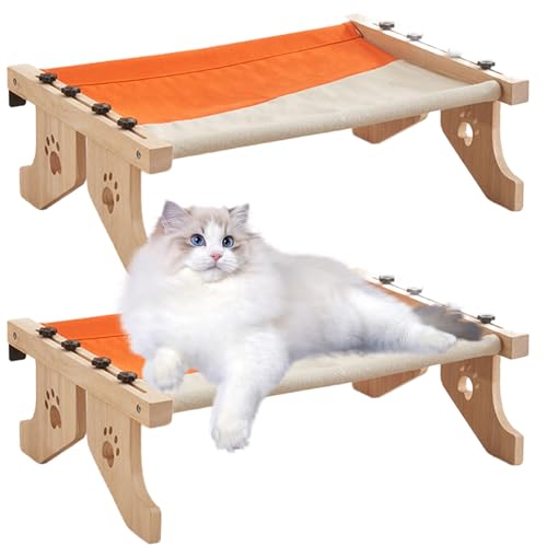 2 in 1 Holz Katzen Hängematte Und Katzenbett Für Nachttisch, Stuhlrücken, Schublade Sitzstange Für Katze, Katzenhängematte Fensterplätze, Langlebig Und Stabil Hängematte Katze,Orange von RUYICZB