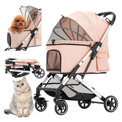 RUYICZB 3-in-1-Haustier-Buggy für kleine Hunde, mit einem klick zusammenklappbarer Katzen-Buggy ohne Reißverschluss-Einstieg, Welpen-/Katzen-Buggy mit Abnehmbarer Trage,Rosa von RUYICZB