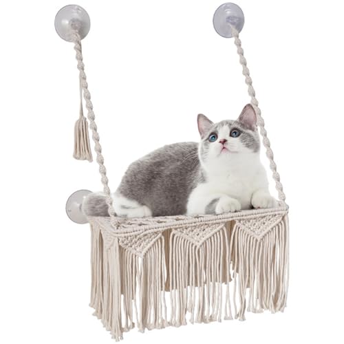 Boho Katzenfensterbett, Katzenstange Für Hauskatzen Mit Saugnapf, Katzen-Fensterbett Mit Gewebter Quaste, Sonnenbaden, Haustier-Ruhesitz, Sicher, Platzsparendes Schaukelregal von RUYICZB