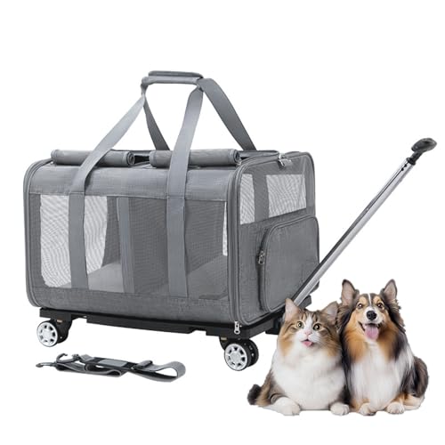 Doppel Transportbox für Haustiere mit Rädern, Katzentransportbox auf Rollen mit atmungsaktivem Netz für 2 Katzen, Reisebox für Katzen,Dark Gray von RUYICZB