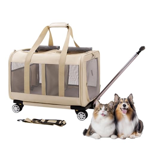 Doppel Transportbox für Haustiere mit Rädern, Katzentransportbox auf Rollen mit atmungsaktivem Netz für 2 Katzen, Reisebox für Katzen,Gelb von RUYICZB