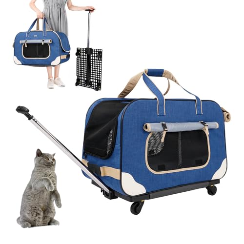 Haustier-Transportbox mit Rädern für Katzen, Katzen-/Hundetransportbox mit Teleskopgriff und atmungsaktivem Netzgewebe, perfekt für unterwegs,Blau von RUYICZB