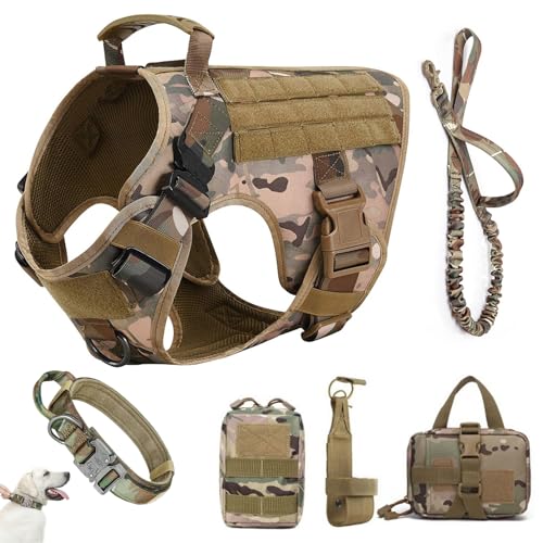 RUYICZB Hundegeschirr Hunde Mit Taktisches MOLLE Und Metallschnallen Ohne Zug, Verstellbare Sicherheitsgeschirr Mit Griff, Atmungsakti Brustgeschirr Hundeweste Für Große/Mittlere Hunde,Camo,Large von RUYICZB