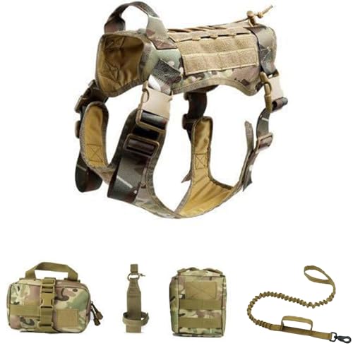 RUYICZB Hundegeschirr Und MOLLE System Set, Hundegeschirr Für Mittel Groß Hunde Hundewestengeschirr Mit Wasserflaschentasche Medizinische Erste Hilfe Tasche Und Mehrzwecktasche,Camo,L von RUYICZB