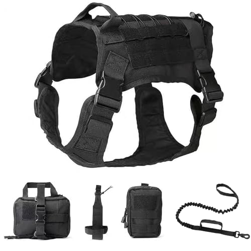 RUYICZB Hundegeschirr Und MOLLE System Set, Hundegeschirr Für Mittel Groß Hunde Hundewestengeschirr Mit Wasserflaschentasche Medizinische Erste Hilfe Tasche Und Mehrzwecktasche,Schwarz,XL von RUYICZB