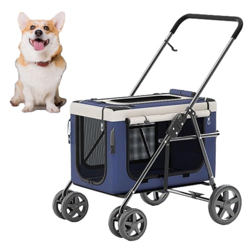 RUYICZB Hundekäfig-Jogging-Kinderwagen, Haustier-Kinderwagen mit Abnehmbarer Trage und Netzfenstern, zusammenklappbarer Hunde-Kinderwagen mit Hinterradbremsen,Dark Blue von RUYICZB