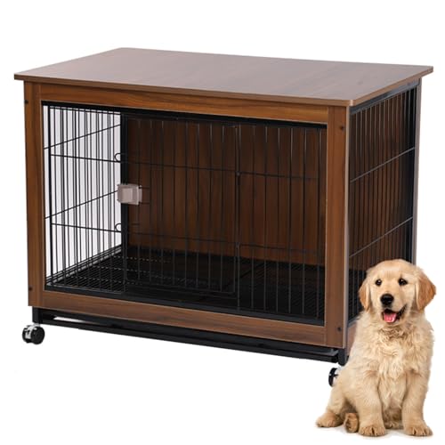 Hundekäfig Möbel, Hundebox Hundekäfig Für Zuhause Mit Rädern Beistelltisch Moderne Hundehütte Indoor Hundegitterbox Herausnehmbares Tablett Für Kleine Mittlere Hunde,Braun,25.2"Lx19.7"Wx23.6"H von RUYICZB