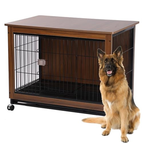 Hundekäfig Möbel, Hundebox Hundekäfig Für Zuhause Mit Rädern Beistelltisch Moderne Hundehütte Indoor Hundegitterbox Herausnehmbares Tablett Für Kleine Mittlere Hunde,Braun,38.6"Lx25.2"Wx30.1"H von RUYICZB