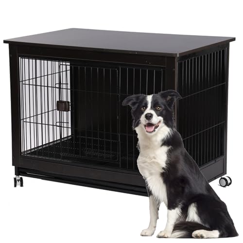 Hundekäfig Möbel, Hundebox Hundekäfig Für Zuhause Mit Rädern Beistelltisch Moderne Hundehütte Indoor Hundegitterbox Herausnehmbares Tablett Für Kleine Mittlere Hunde,Schwarz,30.7"Lx22"Wx25.6"H von RUYICZB