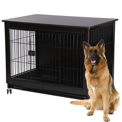 Hundekäfig Möbel, Hundebox Hundekäfig Für Zuhause Mit Rädern Beistelltisch Moderne Hundehütte Indoor Hundegitterbox Herausnehmbares Tablett Für Kleine Mittlere Hunde,Schwarz,38.6"Lx25.2"Wx30.1"H von RUYICZB