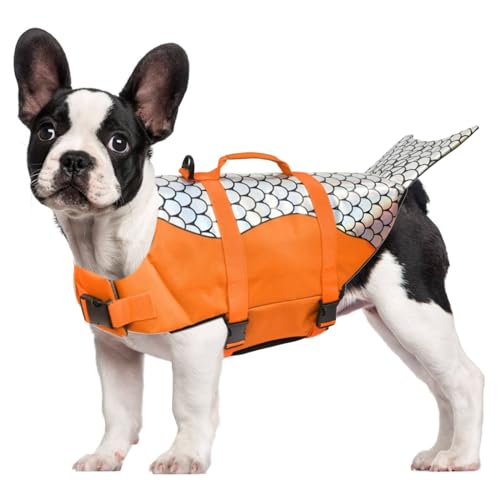 RUYICZB Hundeschwimmweste Hai Mit Griff Und Reflektierend, Schwimmweste Für Kleine Mittlere Und Große Hunde, Dog Life Jacket Schützen Sie Hunde Beim Schwimmen Im Meer/See/Fluss,Orange,M von RUYICZB