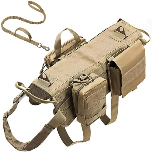 RUYICZB Hundetrainingsgeschirr, Taktisches Hundegeschirr, Weste Kein Ziehen, Molle-Weste, Verstellbar, Für Den Außenbereich, Militärtraining Service Geschirr Mit 3 Abnehmbaren Taschen,Khaki,XL von RUYICZB