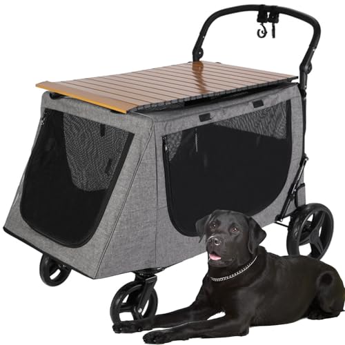 Hundewagen Hundebuggy Faltbar Klappbar Hundebox Katzenwagen Tragbarer Haustier Kinderwagen Mit Verstellbarer Griff Netzfenstern Getränkehalter Für Kleine/Mittlere/Große Hunde Und Katzen,Grau,L von RUYICZB