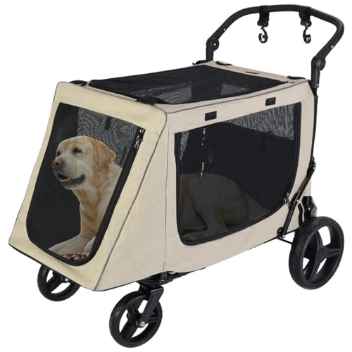 Hundewagen Hundebuggy Faltbar Klappbar Hundebox Katzenwagen Tragbarer Haustier Kinderwagen Mit Verstellbarer Griff Netzfenstern Getränkehalter Für Kleine/Mittlere/Große Hunde Und Katzen,Khaki,M von RUYICZB