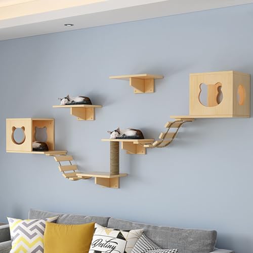 RUYICZB Katzen Wandregale, Katzenwandmöbel Set, Katzenregale Und Sitzstangen Für Wand, Kletterregal Spielplatz, Katzenkratzbaum Mit Katzenleiter Wandregal Innen Cat Condos Haus von RUYICZB