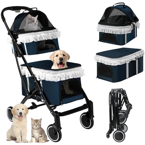 RUYICZB 2 Etagen Hundewagen Haustiere Buggy, Klappbarer Hundewagen, Hundebuggy Für Kleine Hunde Und Katzen, Hundebox Abnehmbarer Hunde-Kinderwagen Mit Netzfenstern Für Hunde & Katzen von RUYICZB