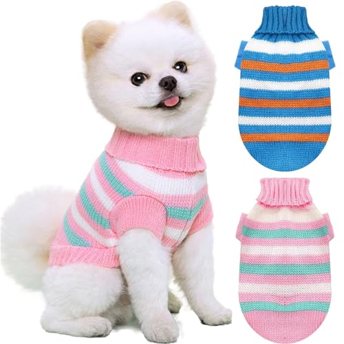 RUYICZB 2 Pack Hund Gestrickt Pullover Für Kleine Hunde Katzen, Weiche Warme Welpen Stricken Herbst Winter Haustier Hundekleidung Niedlich Rollkragenpullover Strickwaren Hund Outfits,Striped,M von RUYICZB