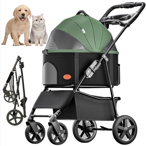 RUYICZB 3-In-1 Haustier Kinderwagen, Faltbare Leichte Hund Kinderwagen Mit Abnehmbarem Träger Zipperless, Katze Reise Kinderwagen Mit Aufbewahrungskorb Für Mittlere Kleine Hunde Bis Zu 15Kg,Grün von RUYICZB