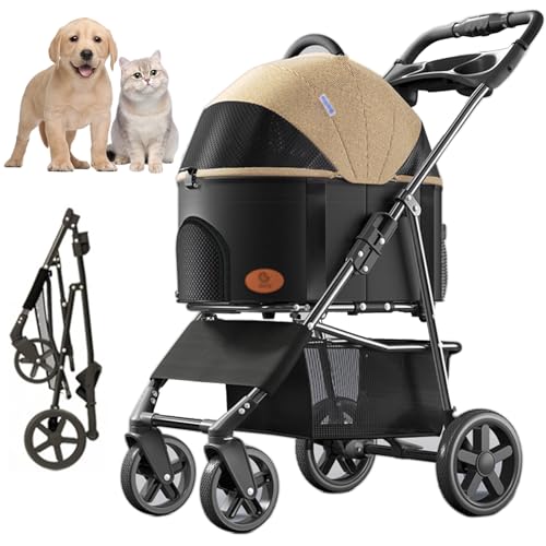 RUYICZB 3-In-1 Haustier Kinderwagen, Faltbare Leichte Hund Kinderwagen Mit Abnehmbarem Träger Zipperless, Katze Reise Kinderwagen Mit Aufbewahrungskorb Für Mittlere Kleine Hunde Bis Zu 15Kg,Khaki von RUYICZB