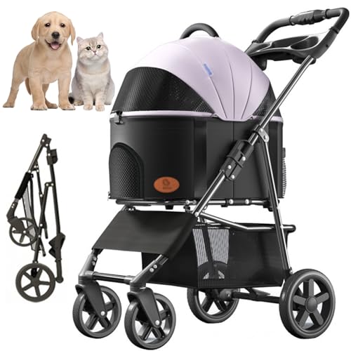 RUYICZB 3-In-1 Haustier Kinderwagen, Faltbare Leichte Hund Kinderwagen Mit Abnehmbarem Träger Zipperless, Katze Reise Kinderwagen Mit Aufbewahrungskorb Für Mittlere Kleine Hunde Bis Zu 15Kg,Lila von RUYICZB