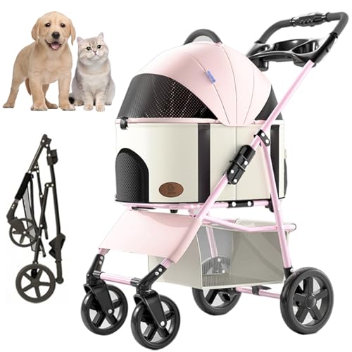 RUYICZB 3-In-1 Haustier Kinderwagen, Faltbare Leichte Hund Kinderwagen Mit Abnehmbarem Träger Zipperless, Katze Reise Kinderwagen Mit Aufbewahrungskorb Für Mittlere Kleine Hunde Bis Zu 15Kg,Rosa von RUYICZB