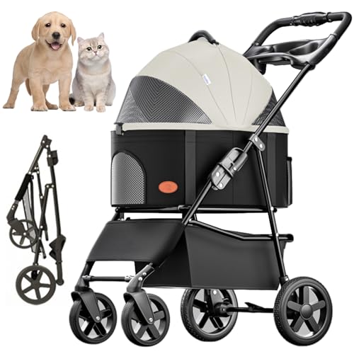 RUYICZB 3-In-1 Haustier Kinderwagen, Faltbare Leichte Hund Kinderwagen Mit Abnehmbarem Träger Zipperless, Katze Reise Kinderwagen Mit Aufbewahrungskorb Für Mittlere Kleine Hunde Bis Zu 15Kg,Weiß von RUYICZB