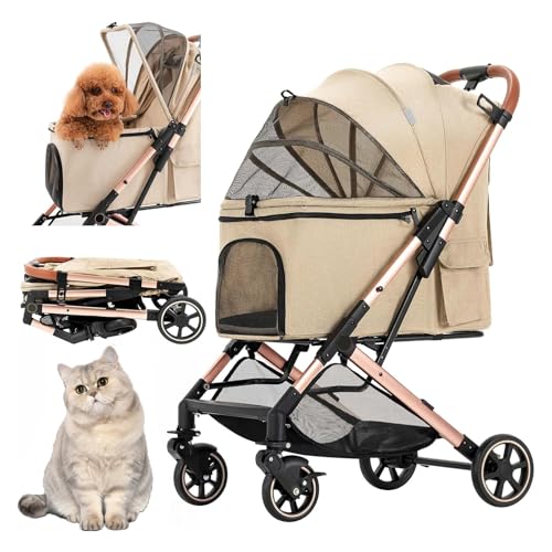 RUYICZB 3-in-1-Haustier-Buggy für kleine Hunde, mit einem klick zusammenklappbarer Katzen-Buggy ohne Reißverschluss-Einstieg, Welpen-/Katzen-Buggy mit Abnehmbarer Trage,Khaki von RUYICZB