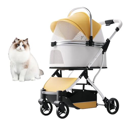 RUYICZB 3-in-1-Haustier-Jogger-Kinderwagen für Katzen, Leichter Hundebuggy mit Abnehmbarer Tragetasche, hochwertiger Reisebuggy mit 4 Rädern und verstellbaren Netzfenstern,Gelb von RUYICZB