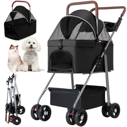 RUYICZB 3 in 1 Haustier Kinderwagen 4 Räder Hundebuggy Für Bis Zu 15Kg Kleine Mittlere Hunde Katzen Faltbare Welpen Hundewagen Mit 180° Verdeck Aufbewahrungskorb,Schwarz von RUYICZB