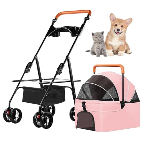 RUYICZB 3-in-1-Kinderwagen für Haustiere, Hundekinderwagen mit Verstellbarer Griffhöhe und Abnehmbarer Tragetasche, Jogger-Kinderwagen für Hunde und Katzen,Rosa von RUYICZB