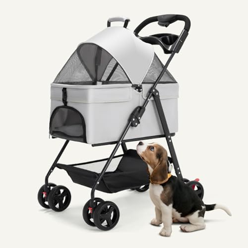 RUYICZB 3-in-1-Kinderwagen für Hunde und Katzen, Welpen Kinderwagen mit Abnehmbarer Tragetasche und Aufbewahrungskorb, Pet-Jogger-Kinderwagenbox für Autositz von RUYICZB