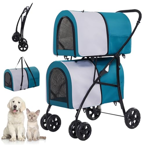 RUYICZB 4-In-1-Doppelkinderwagen Für Hunde Und Katzen, 2 Abnehmbare Träger, Katzen/Hundekinderwagen Für Kleine Und Mittelgroße Hunde, Zusammenklappbarer Reisewagen Für Haustiere von RUYICZB