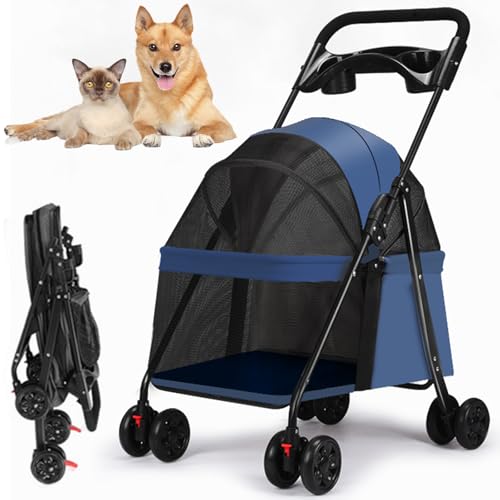 RUYICZB 4 Räder Faltbar Hund Kinderwagen, Welpenkäfig Katze Jogger Kinderwagen Portable Pet Cart Mit Lagerung Korb, Leichte Haustier Kinderwagen Für Kleine Mittlere Hunde Katzen,Blau von RUYICZB