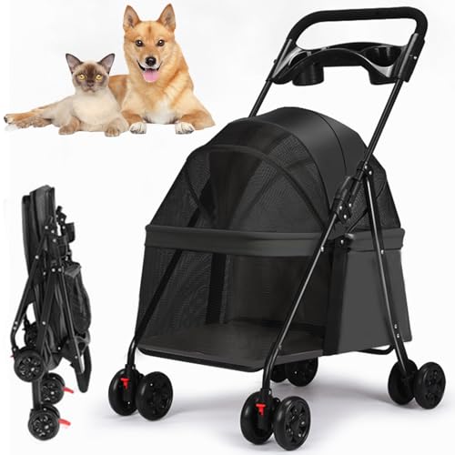 RUYICZB 4 Räder Faltbar Hund Kinderwagen, Welpenkäfig Katze Jogger Kinderwagen Portable Pet Cart Mit Lagerung Korb, Leichte Haustier Kinderwagen Für Kleine Mittlere Hunde Katzen,Schwarz von RUYICZB