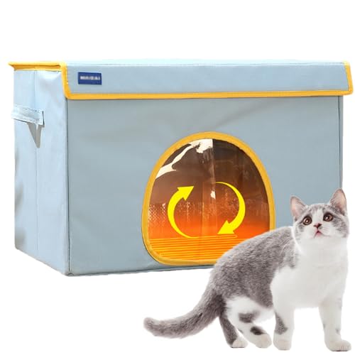 RUYICZB Beheiztes Katzenhaus Mit Katzen Heizkissen, Heizungs Katzenhäuser Für Indoor Outdoor Mit Heizkissen, Faltbares Beheiztes Katzenhaus Katzenunterstand Für Haustiere,Blau,M von RUYICZB