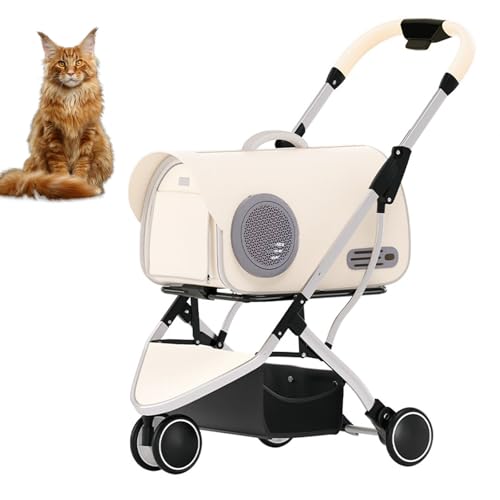 RUYICZB Cat Dog Cage Jogger-Kinderwagen für kleine/mittelgroße Hunde, Faltbarer Hundebuggy mit Aufbewahrungskorb und feststellbaren Rädern,Beige von RUYICZB