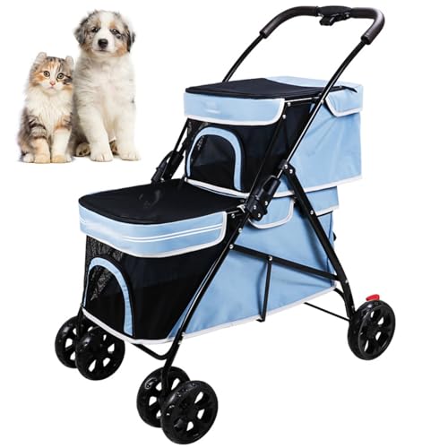 RUYICZB Doppelter Decker Haustierwagen, Multifunktions-3IN1 Katzen Buggy, Faltbare Hundebuggy for Kleine Hunde, Einklick Falten, Vorne, Haustierwagen for 2 Hunde,Blau von RUYICZB