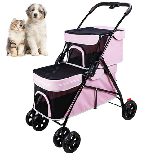 RUYICZB Doppelter Decker Haustierwagen, Multifunktions-3IN1 Katzen Buggy, Faltbare Hundebuggy for Kleine Hunde, Einklick Falten, Vorne, Haustierwagen for 2 Hunde,Rosa von RUYICZB