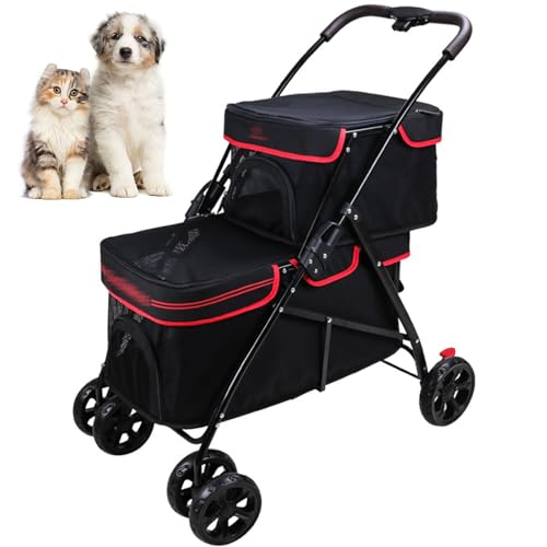 RUYICZB Doppelter Decker Haustierwagen, Multifunktions-3IN1 Katzen Buggy, Faltbare Hundebuggy for Kleine Hunde, Einklick Falten, Vorne, Haustierwagen for 2 Hunde,Schwarz von RUYICZB