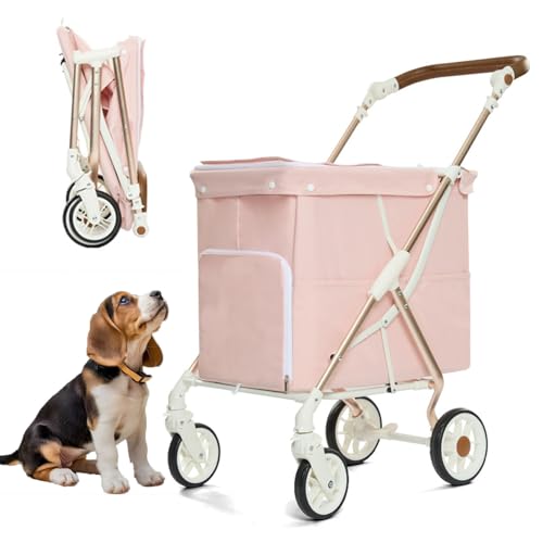 RUYICZB Faltbarer Hundekäfig-Jogging-Kinderwagen, mittelgroßer Hundebuggy mit verstellbarem Griff und Getränkehaltern, Hundebuggy mit doppeltem Eingang,Rosa von RUYICZB