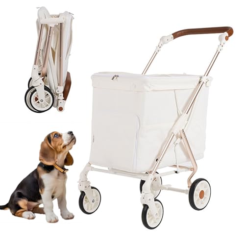 RUYICZB Faltbarer Hundekäfig-Jogging-Kinderwagen, mittelgroßer Hundebuggy mit verstellbarem Griff und Getränkehaltern, Hundebuggy mit doppeltem Eingang,Weiß von RUYICZB