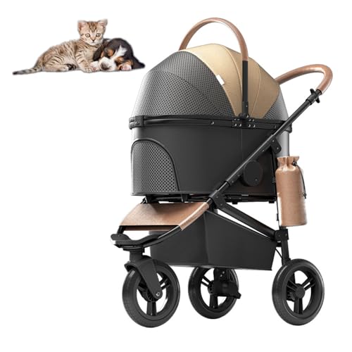 RUYICZB Faltbarer Pet Jogger-Kinderwagen für kleine Haustiere, tragbarer Haustier-Kinderwagen mit Aufbewahrungskorb und 3 Anti-Rutsch-Rädern, Katzen-Kinderwagen,Braun von RUYICZB