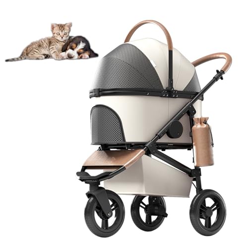 RUYICZB Faltbarer Pet Jogger-Kinderwagen für kleine Haustiere, tragbarer Haustier-Kinderwagen mit Aufbewahrungskorb und 3 Anti-Rutsch-Rädern, Katzen-Kinderwagen,Weiß von RUYICZB