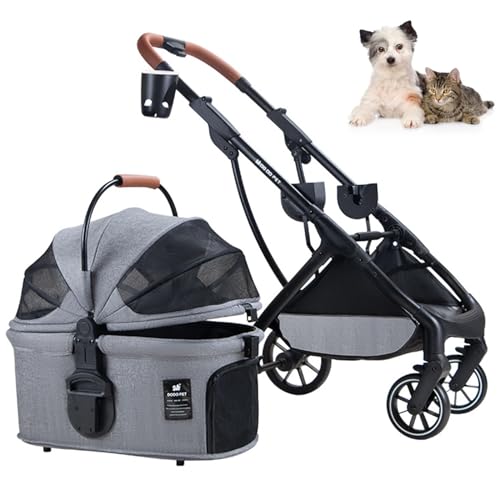 RUYICZB Haustier-Kinderwagen, Hundebuggy Für Kleine Hunde Und Katzen, 4 Rädern Faltbarer Hundewagen Mit Abnehmbarer Hundebox Transporttasche, Sicherheitsleinen, Aufbewahrungskorb,Dark Gray von RUYICZB