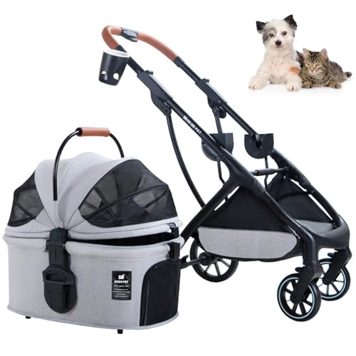 RUYICZB Haustier-Kinderwagen, Hundebuggy Für Kleine Hunde Und Katzen, 4 Rädern Faltbarer Hundewagen Mit Abnehmbarer Hundebox Transporttasche, Sicherheitsleinen, Aufbewahrungskorb,Light Gray von RUYICZB