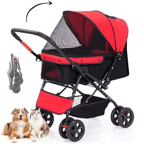 RUYICZB Haustier-Kinderwagen, Hundewagen Für Kleine Mittelgroße Hunde Katzen Bis 20Kg,Hundebuggy Mit Wendbarem Griff,Aufbewahrungskorb,360° Vorderrad,Hinterrad Mit Bremse,Einfach Faltbar,Red Black von RUYICZB