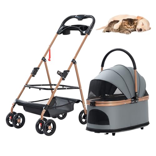 RUYICZB Haustier-Kinderwagen 3 in 1, Hunde-Kinderwagen mit Abnehmbarer Tragetasche und Aufbewahrungskorb, 4 Räder, zusammenklappbarer Haustier-Katzen-Kinderwagen,Grau von RUYICZB